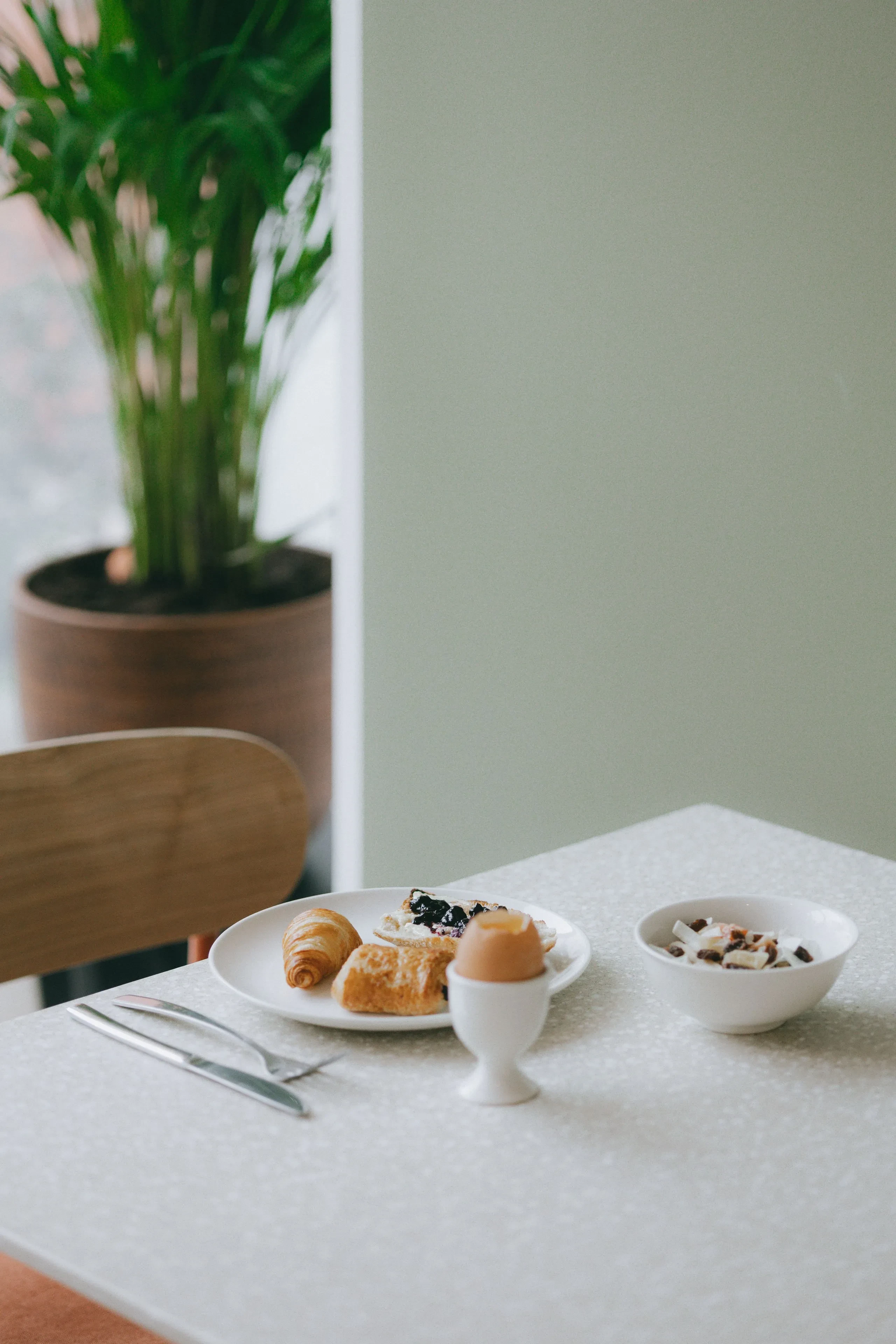 Petit-déjeuner sur une table avec plante en arrière-plan.